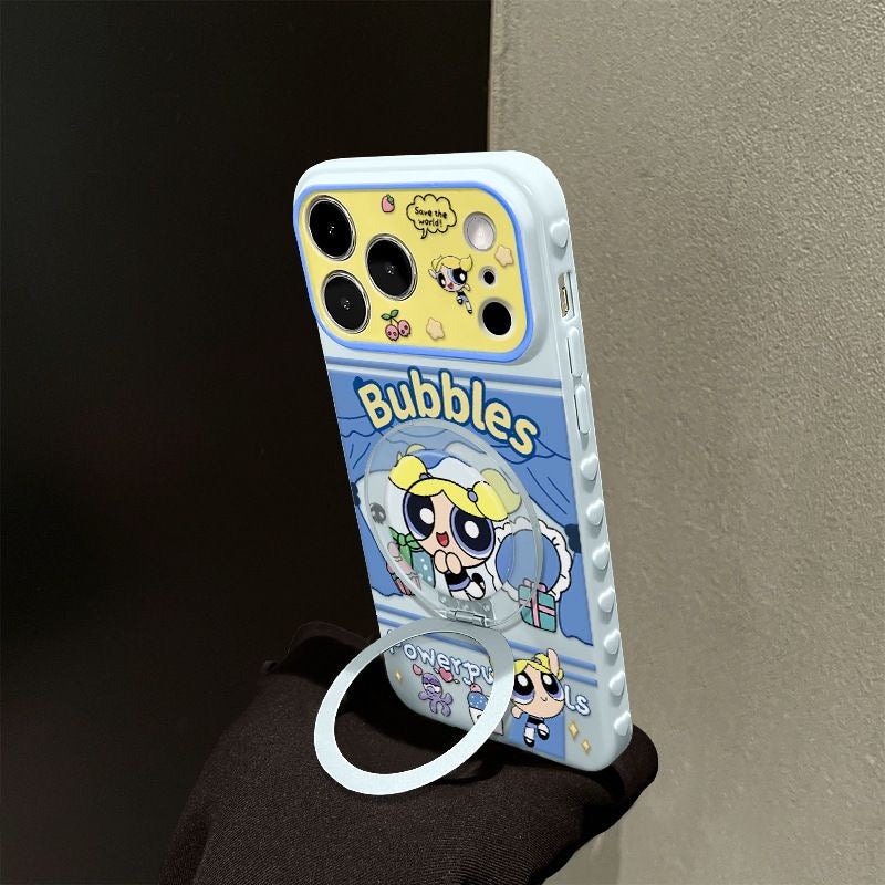 Cute Bubbles Powerpuff Girls MagSafe Phone Case, Cartoon Flip Lens Window Protective Cover with Foldable Ring Stand for iPhone