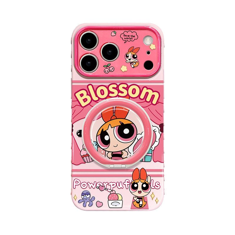 Cute Bubbles Powerpuff Girls MagSafe Phone Case, Cartoon Flip Lens Window Protective Cover with Foldable Ring Stand for iPhone