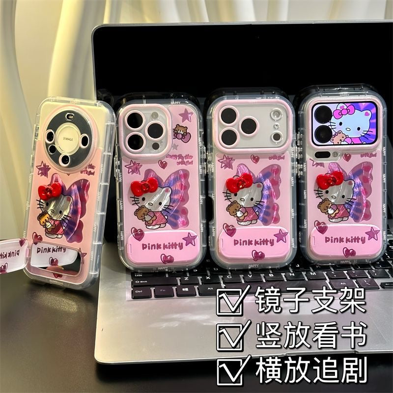 Cute Pink Hello Kitty Butterfly Phone Case, Clear Shockproof Protective Case With Foldable Stand, Soft Girl Y2K Sanrio Character Phone Cover