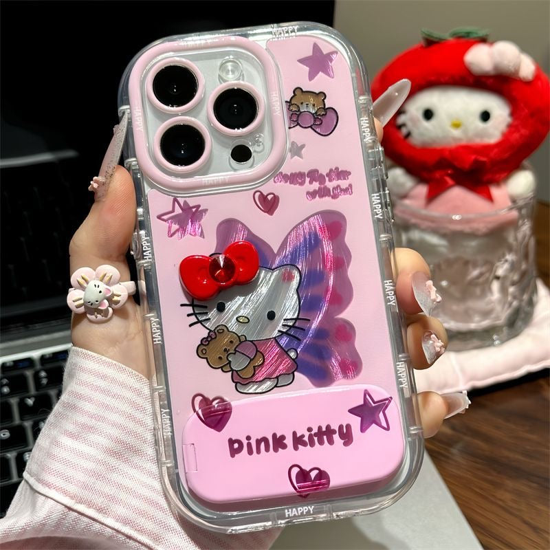 Cute Pink Hello Kitty Butterfly Phone Case, Clear Shockproof Protective Case With Foldable Stand, Soft Girl Y2K Sanrio Character Phone Cover