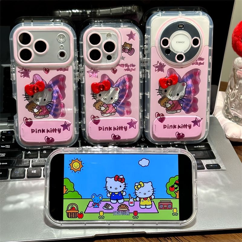 Cute Pink Hello Kitty Butterfly Phone Case, Clear Shockproof Protective Case With Foldable Stand, Soft Girl Y2K Sanrio Character Phone Cover