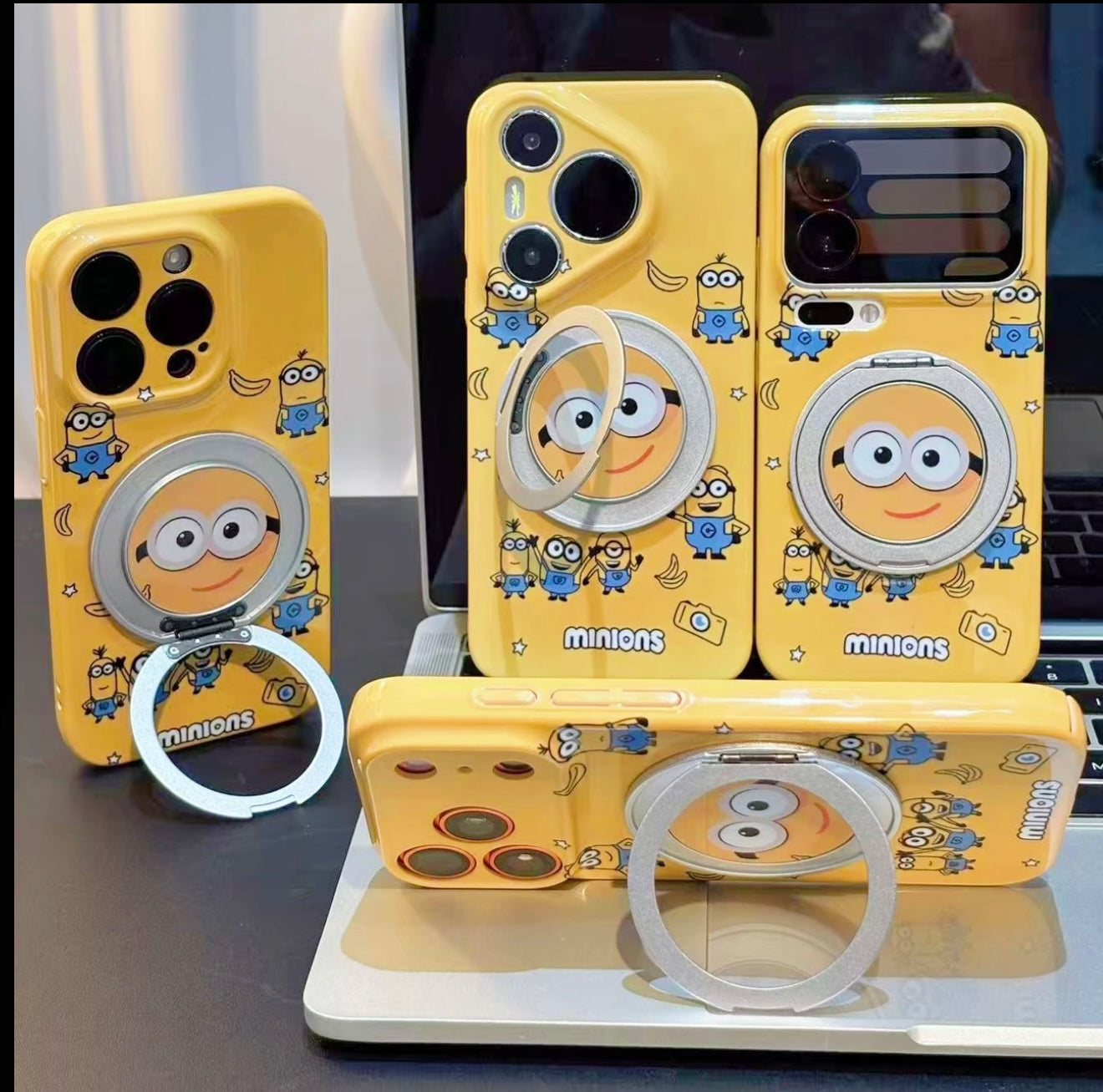 Kawaii Yellow Minions Magnetic Ring Holder Phone Case, Flip Kickstand Cute Minions Cartoon Shockproof Anti-drop Protective Phone Cover Compatible With iPhone