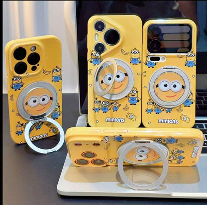 Kawaii Yellow Minions Magnetic Ring Holder Phone Case, Flip Kickstand Cute Minions Cartoon Shockproof Anti-drop Protective Phone Cover Compatible With iPhone