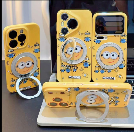 Kawaii Yellow Minions Magnetic Ring Holder Phone Case, Flip Kickstand Cute Minions Cartoon Shockproof Anti-drop Protective Phone Cover Compatible With iPhone