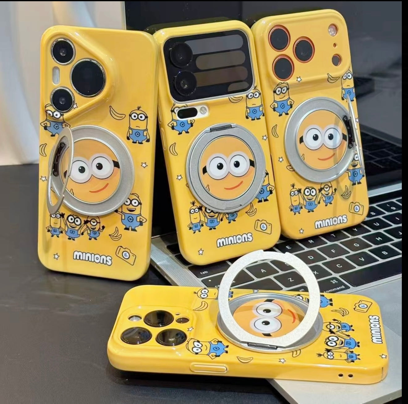 Kawaii Yellow Minions Magnetic Ring Holder Phone Case, Flip Kickstand Cute Minions Cartoon Shockproof Anti-drop Protective Phone Cover Compatible With iPhone