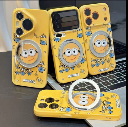 Kawaii Yellow Minions Magnetic Ring Holder Phone Case, Flip Kickstand Cute Minions Cartoon Shockproof Anti-drop Protective Phone Cover Compatible With iPhone
