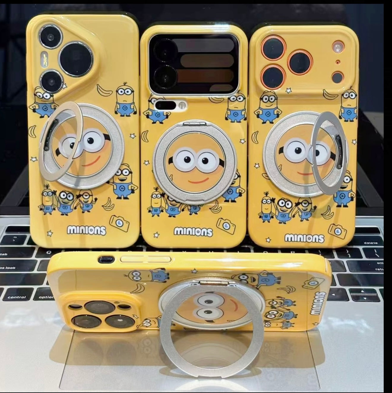 Kawaii Yellow Minions Magnetic Ring Holder Phone Case, Flip Kickstand Cute Minions Cartoon Shockproof Anti-drop Protective Phone Cover Compatible With iPhone