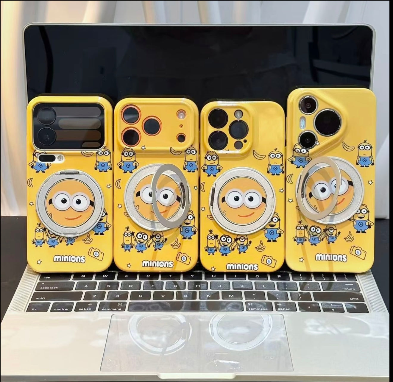 Kawaii Yellow Minions Magnetic Ring Holder Phone Case, Flip Kickstand Cute Minions Cartoon Shockproof Anti-drop Protective Phone Cover Compatible With iPhone