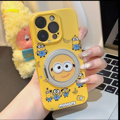 Kawaii Yellow Minions Magnetic Ring Holder Phone Case, Flip Kickstand Cute Minions Cartoon Shockproof Anti-drop Protective Phone Cover Compatible With iPhone