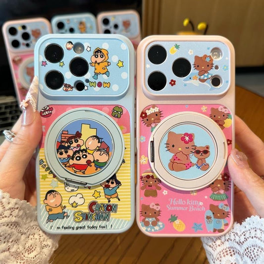 Kawaii Summer Hello Kitty Crayon Shinchan Magnetic Ring Kickstand Phone Case, Shockproof Anti-Drop Protective Cover Compatible With iPhone