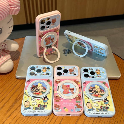 Kawaii Summer Hello Kitty Crayon Shinchan Magnetic Ring Kickstand Phone Case, Shockproof Anti-Drop Protective Cover Compatible With iPhone