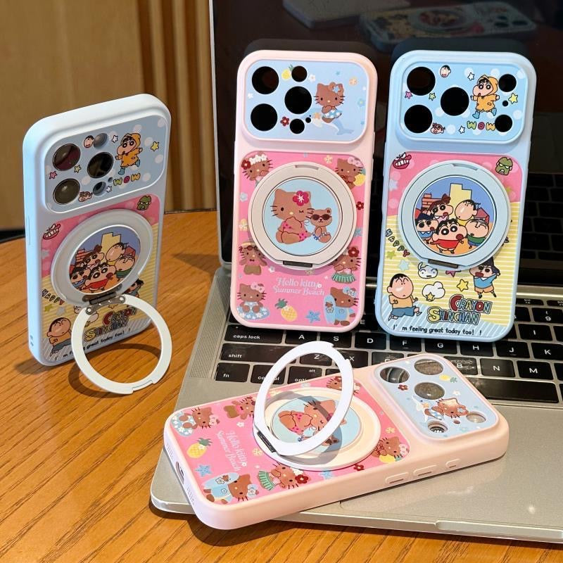 Kawaii Summer Hello Kitty Crayon Shinchan Magnetic Ring Kickstand Phone Case, Shockproof Anti-Drop Protective Cover Compatible With iPhone