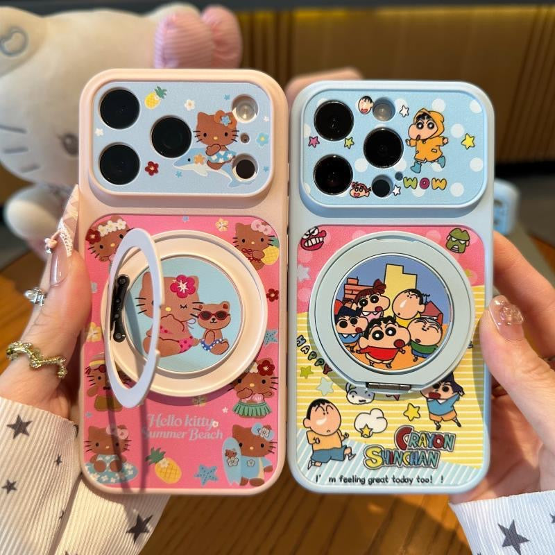 Kawaii Summer Hello Kitty Crayon Shinchan Magnetic Ring Kickstand Phone Case, Shockproof Anti-Drop Protective Cover Compatible With iPhone