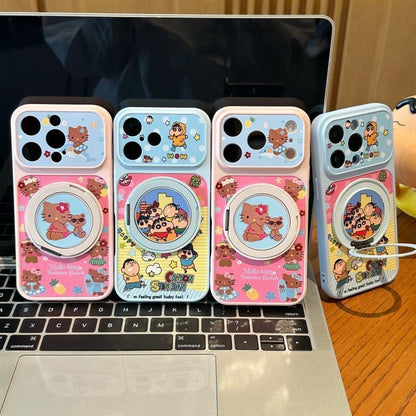 Kawaii Summer Hello Kitty Crayon Shinchan Magnetic Ring Kickstand Phone Case, Shockproof Anti-Drop Protective Cover Compatible With iPhone