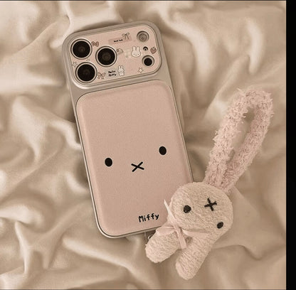 Kawaii Pink Miffy Rabbit Phone Case, Large Camera Window Protective Cover with Detachable Plush Bunny Pendant Shockproof Case for iPhone