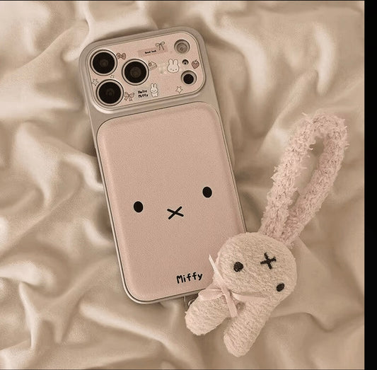 Kawaii Pink Miffy Rabbit Phone Case, Large Camera Window Protective Cover with Detachable Plush Bunny Pendant Shockproof Case for iPhone