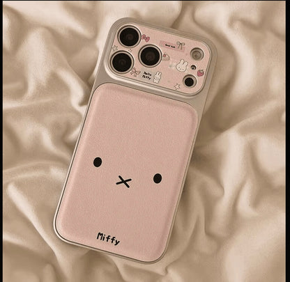 Kawaii Pink Miffy Rabbit Phone Case, Large Camera Window Protective Cover with Detachable Plush Bunny Pendant Shockproof Case for iPhone