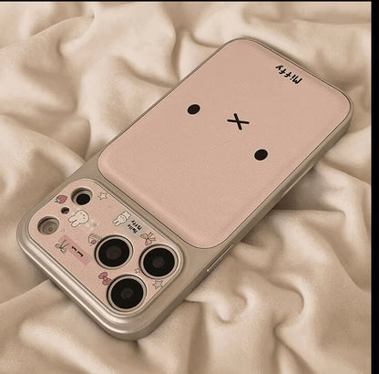 Kawaii Pink Miffy Rabbit Phone Case, Large Camera Window Protective Cover with Detachable Plush Bunny Pendant Shockproof Case for iPhone