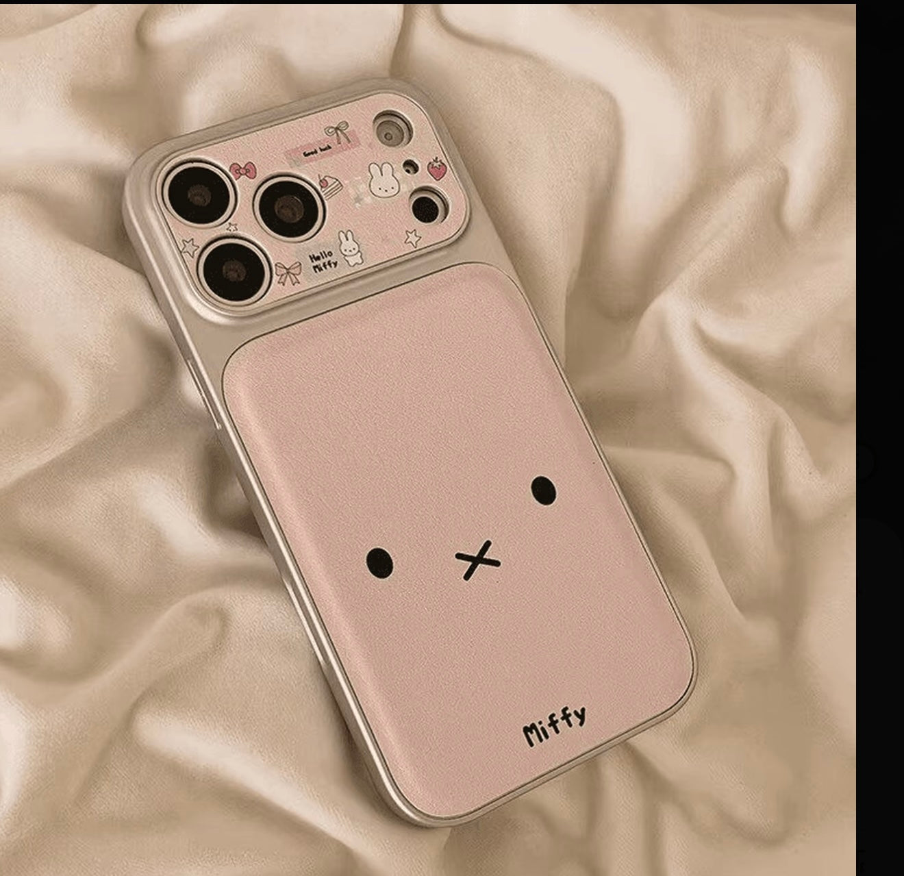 Kawaii Pink Miffy Rabbit Phone Case, Large Camera Window Protective Cover with Detachable Plush Bunny Pendant Shockproof Case for iPhone