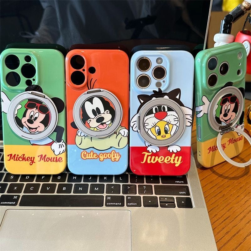 Vintage Cartoon Mickey Mouse Goofy Tweety Bird Magnetic Ring Kickstand Phone Case, Shockproof Large Camera Window Protective Cover for iPhone