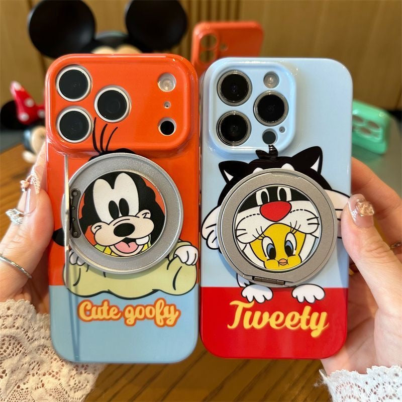 Vintage Cartoon Mickey Mouse Goofy Tweety Bird Magnetic Ring Kickstand Phone Case, Shockproof Large Camera Window Protective Cover for iPhone