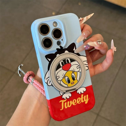 Vintage Cartoon Mickey Mouse Goofy Tweety Bird Magnetic Ring Kickstand Phone Case, Shockproof Large Camera Window Protective Cover for iPhone