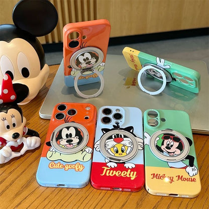 Vintage Cartoon Mickey Mouse Goofy Tweety Bird Magnetic Ring Kickstand Phone Case, Shockproof Large Camera Window Protective Cover for iPhone