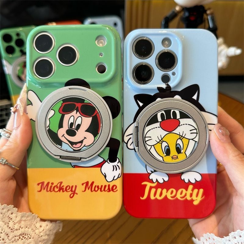 Vintage Cartoon Mickey Mouse Goofy Tweety Bird Magnetic Ring Kickstand Phone Case, Shockproof Large Camera Window Protective Cover for iPhone