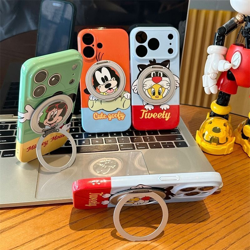 Vintage Cartoon Mickey Mouse Goofy Tweety Bird Magnetic Ring Kickstand Phone Case, Shockproof Large Camera Window Protective Cover for iPhone