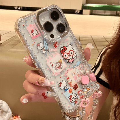 Cute Clear Glitter Hello Kitty Phone Case, Diamond Rhinestone Camera Frame Protective Cover With Detachable Pink Bead Bracelet Charm for iPhone