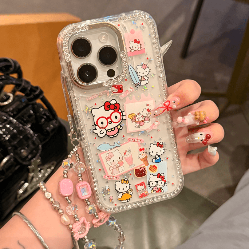 Cute Clear Glitter Hello Kitty Phone Case, Diamond Rhinestone Camera Frame Protective Cover With Detachable Pink Bead Bracelet Charm for iPhone