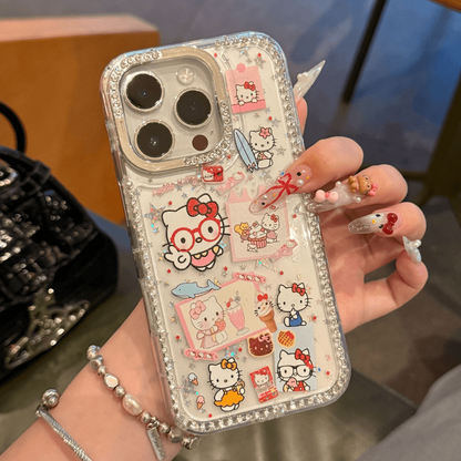 Cute Clear Glitter Hello Kitty Phone Case, Diamond Rhinestone Camera Frame Protective Cover With Detachable Pink Bead Bracelet Charm for iPhone