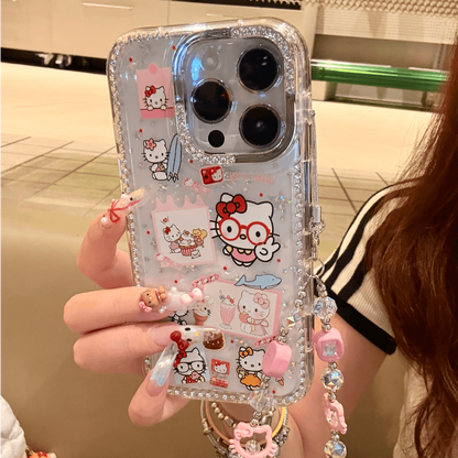 Cute Clear Glitter Hello Kitty Phone Case, Diamond Rhinestone Camera Frame Protective Cover With Detachable Pink Bead Bracelet Charm for iPhone