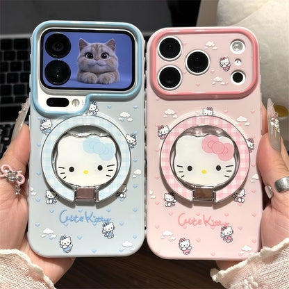 Kawaii Angel Hello Kitty Magnetic Ring Kickstand Phone Case, Cute Cartoon Large Camera Frame Shockproof Protective Cover For iPhone