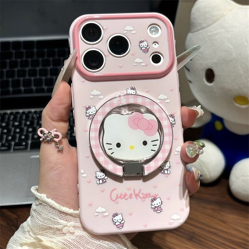 Kawaii Angel Hello Kitty Magnetic Ring Kickstand Phone Case, Cute Cartoon Large Camera Frame Shockproof Protective Cover For iPhone