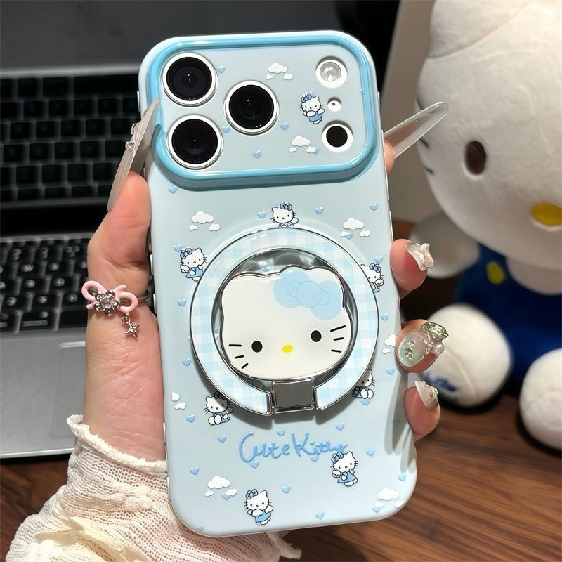 Kawaii Angel Hello Kitty Magnetic Ring Kickstand Phone Case, Cute Cartoon Large Camera Frame Shockproof Protective Cover For iPhone