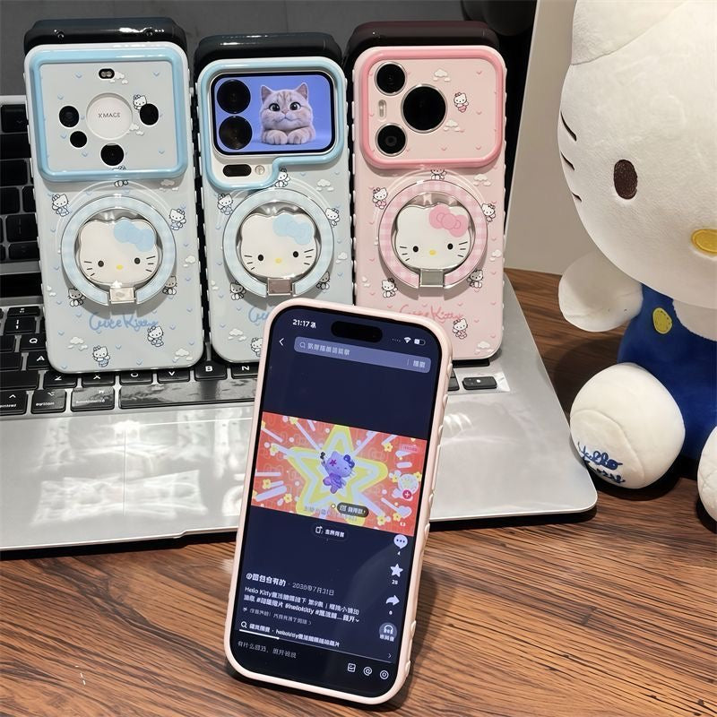 Kawaii Angel Hello Kitty Magnetic Ring Kickstand Phone Case, Cute Cartoon Large Camera Frame Shockproof Protective Cover For iPhone