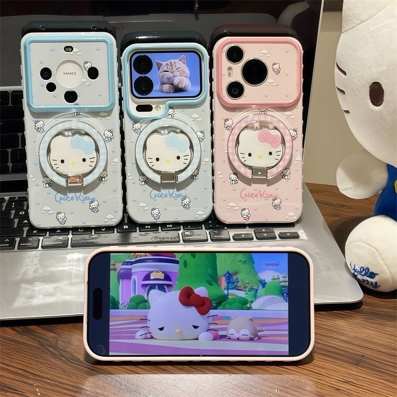 Kawaii Angel Hello Kitty Magnetic Ring Kickstand Phone Case, Cute Cartoon Large Camera Frame Shockproof Protective Cover For iPhone