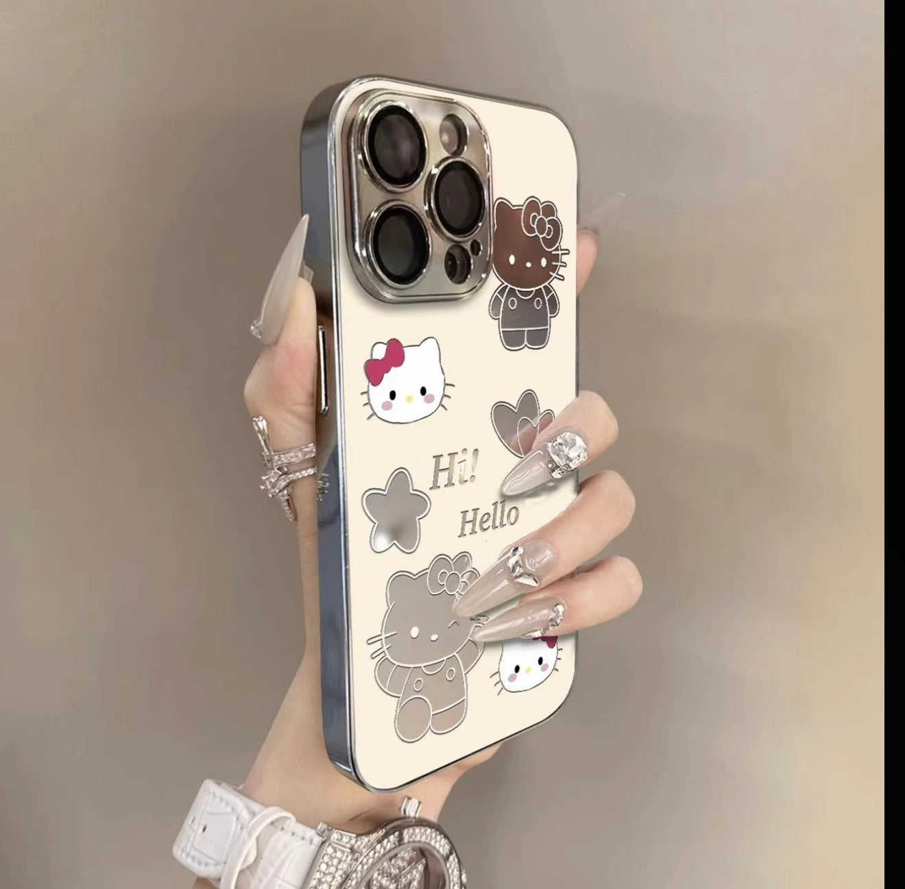 Aesthetic Mirror Camera Frame Hello Kitty Phone Case, Girly Kawaii Silver Plating Hello Kitty Pattern Anti-drop iPhone Shell For Women Girls