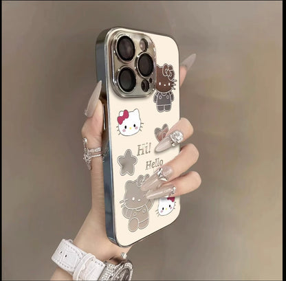 Aesthetic Mirror Camera Frame Hello Kitty Phone Case, Girly Kawaii Silver Plating Hello Kitty Pattern Anti-drop iPhone Shell For Women Girls