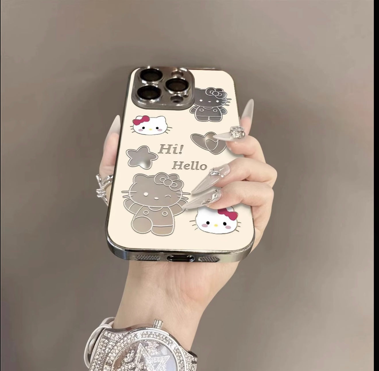 Aesthetic Mirror Camera Frame Hello Kitty Phone Case, Girly Kawaii Silver Plating Hello Kitty Pattern Anti-drop iPhone Shell For Women Girls