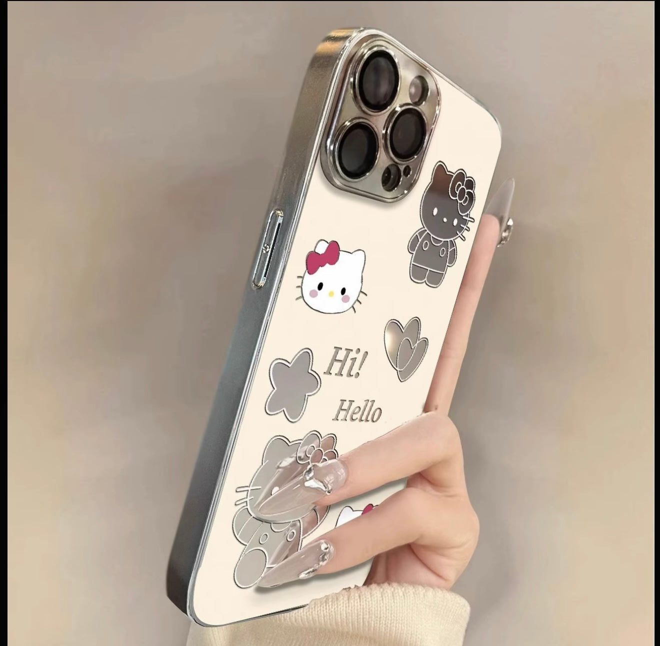 Aesthetic Mirror Camera Frame Hello Kitty Phone Case, Girly Kawaii Silver Plating Hello Kitty Pattern Anti-drop iPhone Shell For Women Girls