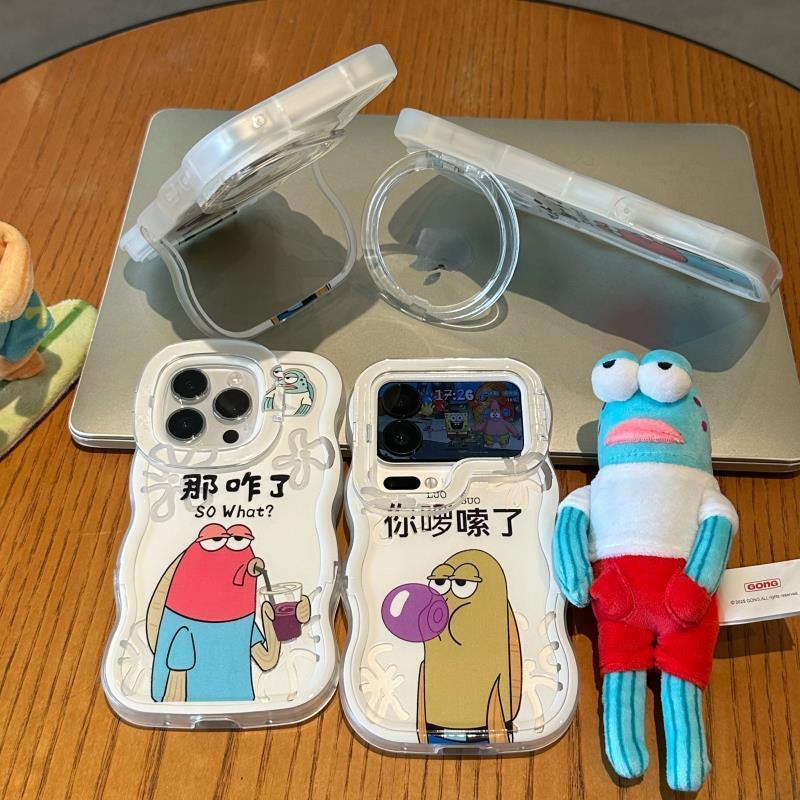 Funny SpongeBob Squidward Patrick Wave Phone Case With Flip Mirror Lens Cover