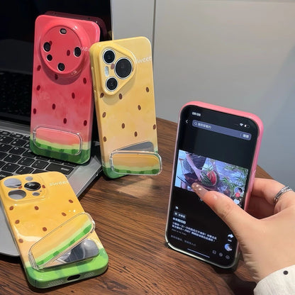 Summer Sweet Watermelon Design Phone Case Built-in Foldable Stand, Shockproof Soft Glossy Phone Cover
