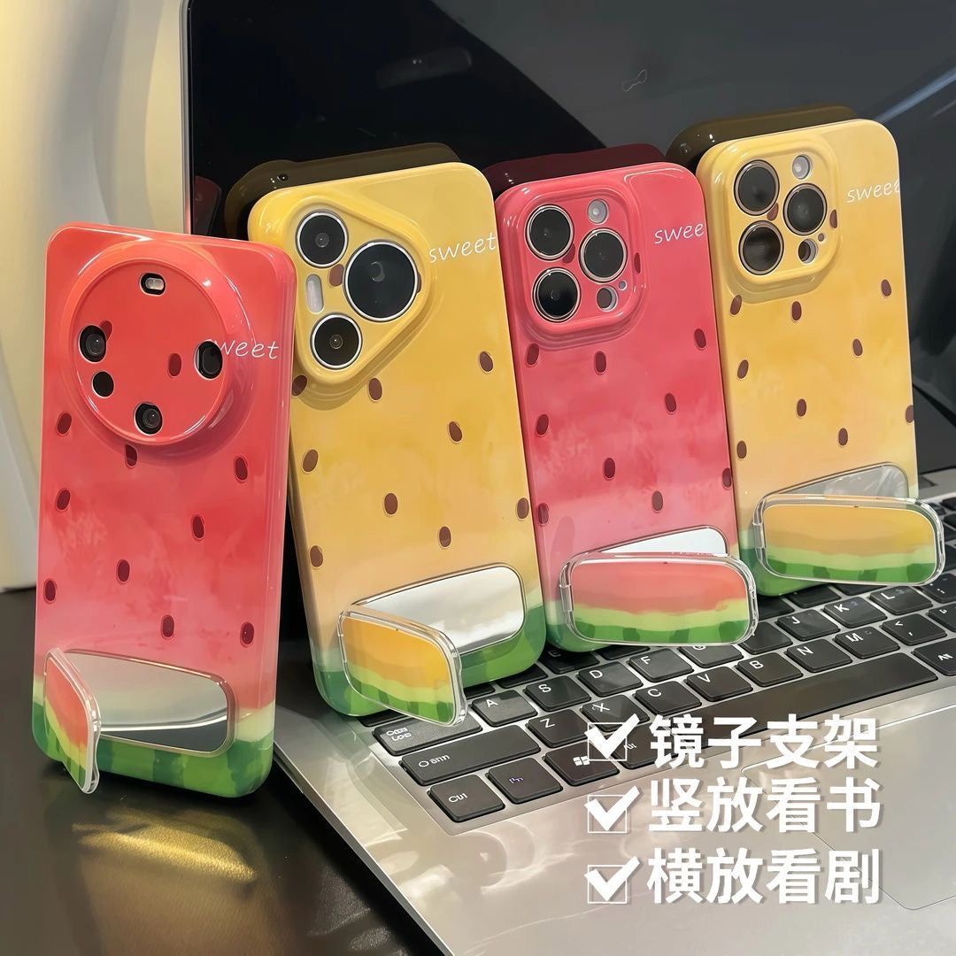 Summer Sweet Watermelon Design Phone Case Built-in Foldable Stand, Shockproof Soft Glossy Phone Cover