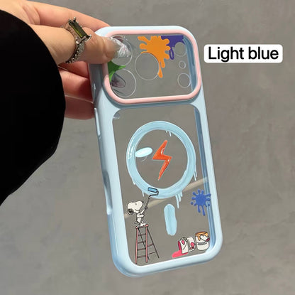 Cartoon Snoopy Painter Graffiti Clear  Phone Case, Multi Pastel Glossy Frame Shockproof Protective Case for iPhone