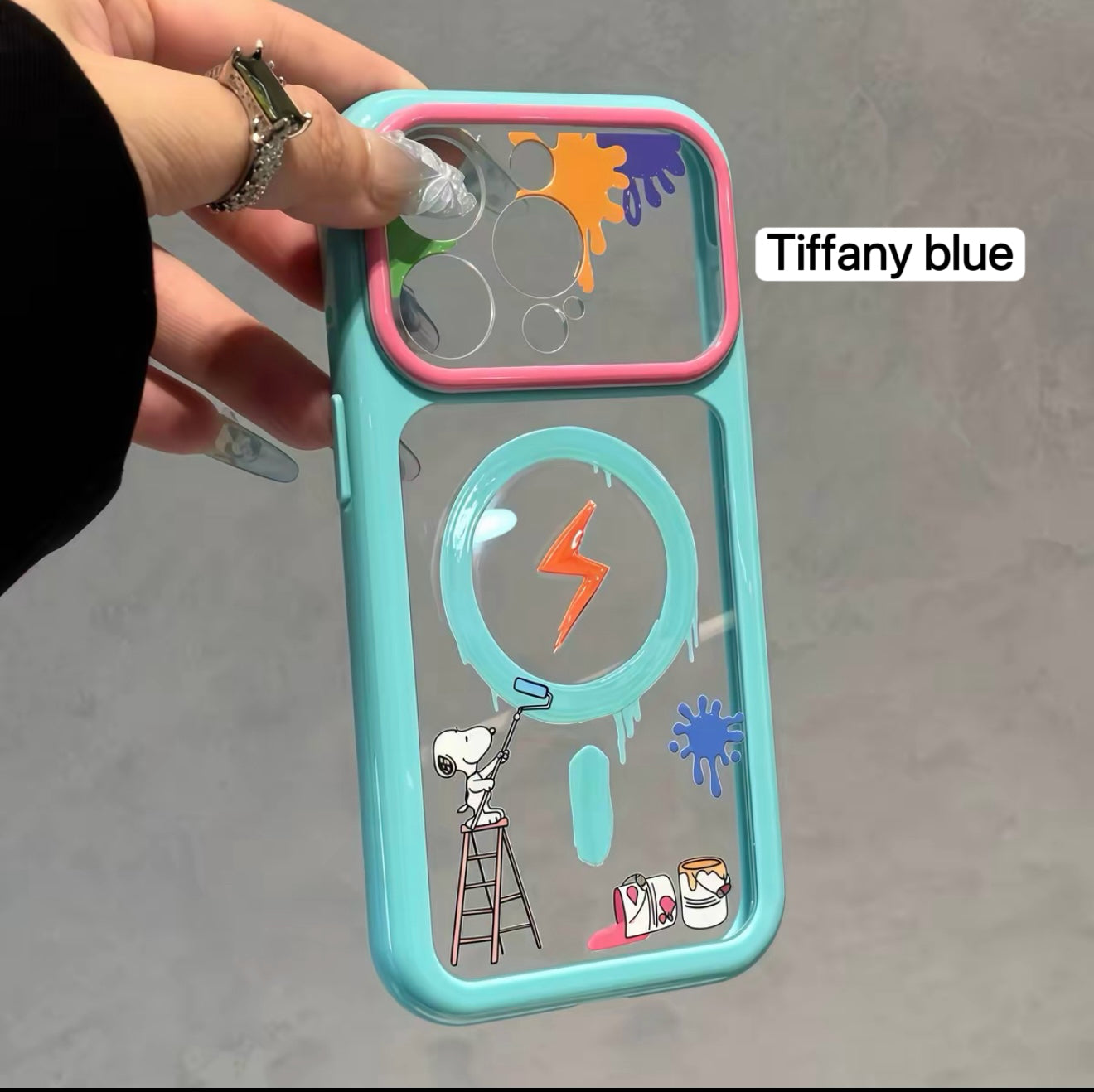Cartoon Snoopy Painter Graffiti Clear  Phone Case, Multi Pastel Glossy Frame Shockproof Protective Case for iPhone