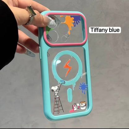 Cartoon Snoopy Painter Graffiti Clear  Phone Case, Multi Pastel Glossy Frame Shockproof Protective Case for iPhone
