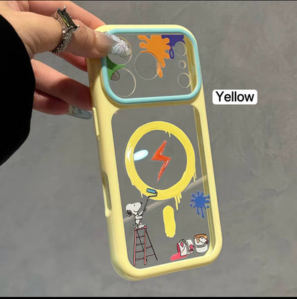 Cartoon Snoopy Painter Graffiti Clear  Phone Case, Multi Pastel Glossy Frame Shockproof Protective Case for iPhone