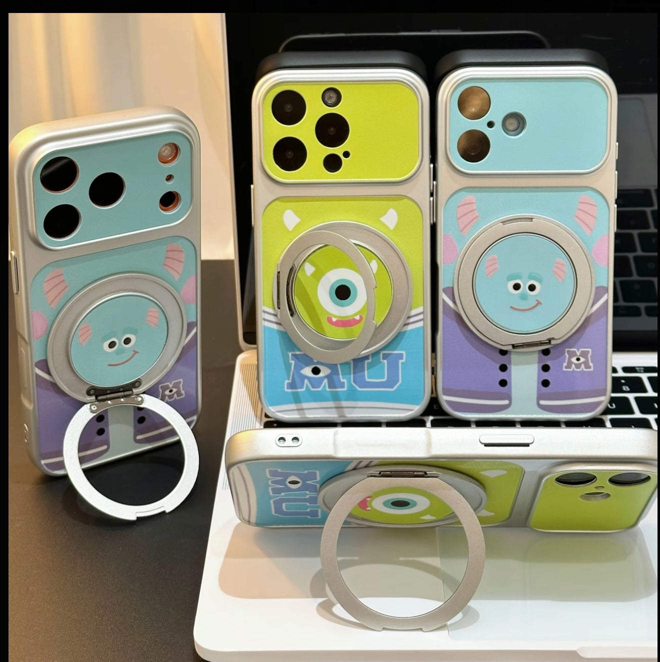 Cute Monster Inc Mike Wazowski Sulley Cartoon Phone Case, 360° Rotatable Magnetic Ring Kickstand Shockproof Protective Cover for iPhone  Foldable Phones